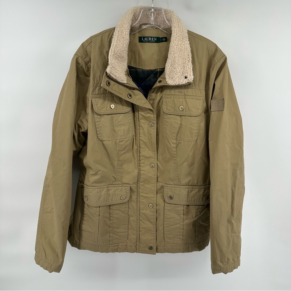 Lauren Ralph Lauren Waxed Field Jacket Faux Shearling Trim Utility equestrian - Picture 2 of 9